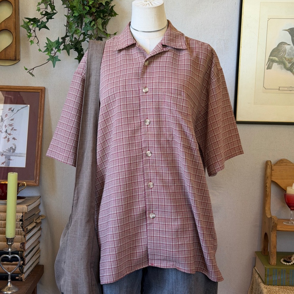 Red Plaid Oversized Short Sleeve Button Up Shirt Vintage 90s Size S Indie Grunge